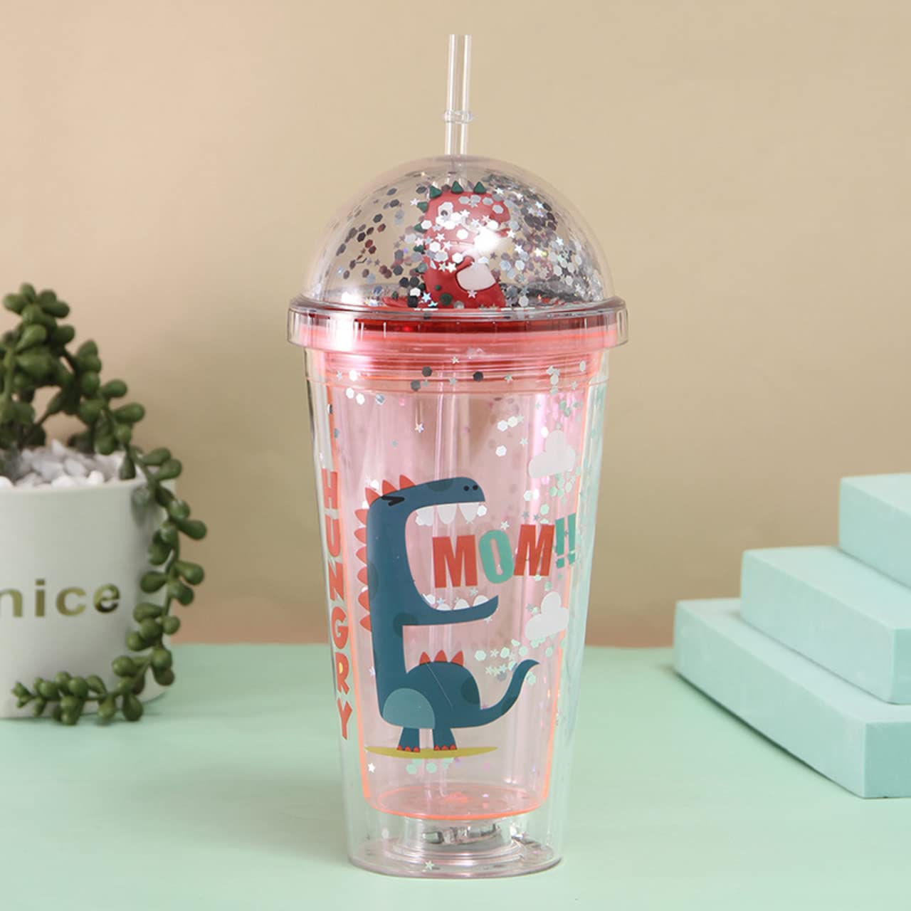 Acrylic Glitter Printed Sipper with Straw & Lid | Transparent | 600 ML | Mix Colors & Prints I 1 Unit