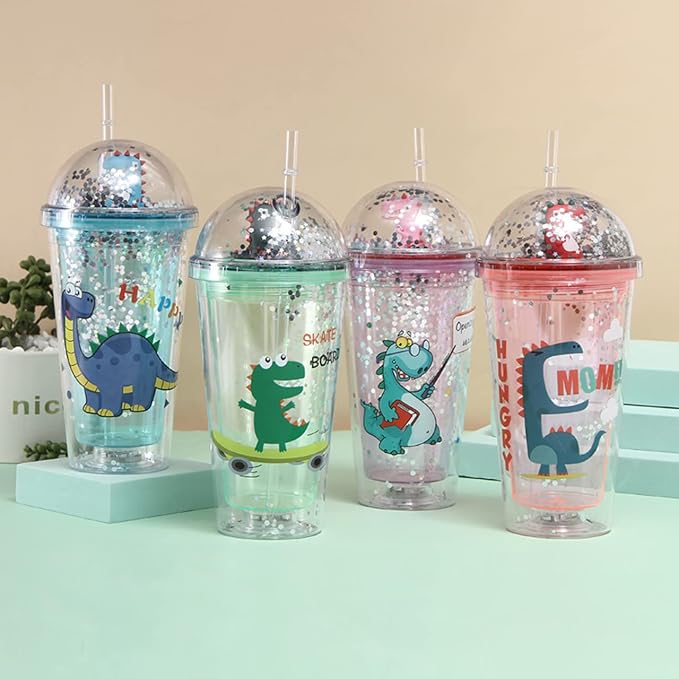 Acrylic Glitter Printed Sipper with Straw & Lid | Transparent | 600 ML | Mix Colors & Prints I 1 Unit