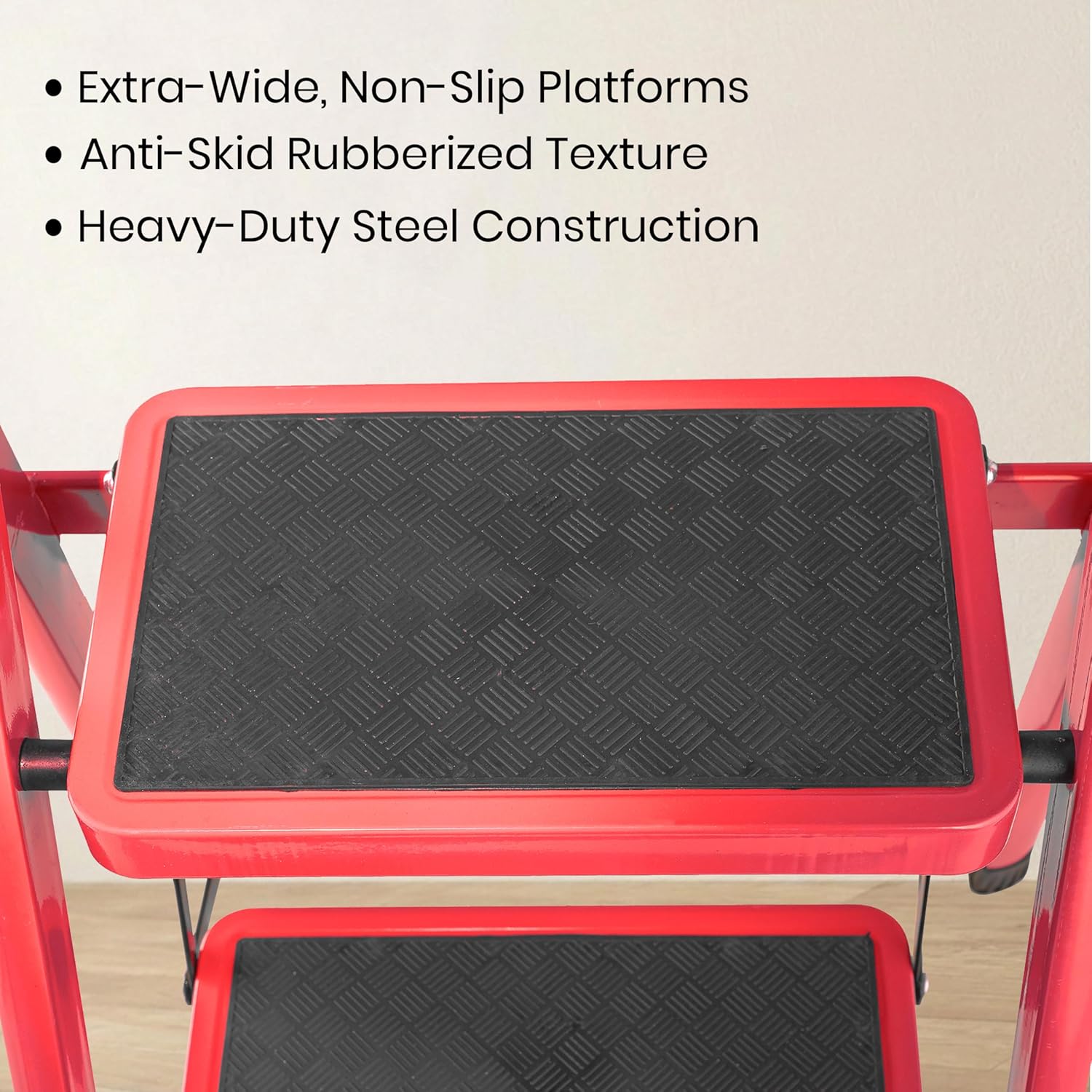 Red 3 Step Ladder for Home Use with Built-in Tool Tray | Heavy Duty D Shape Rods | Ultra Large Platform | Wide Rubber Feet