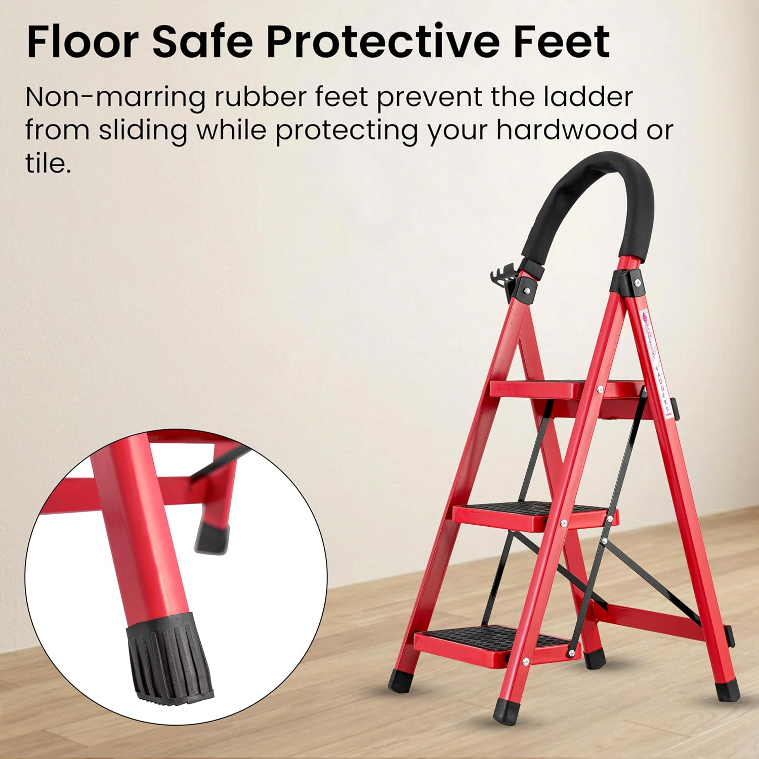 Red 3 Step Ladder for Home Use with Built-in Tool Tray | Heavy Duty D Shape Rods | Ultra Large Platform | Wide Rubber Feet