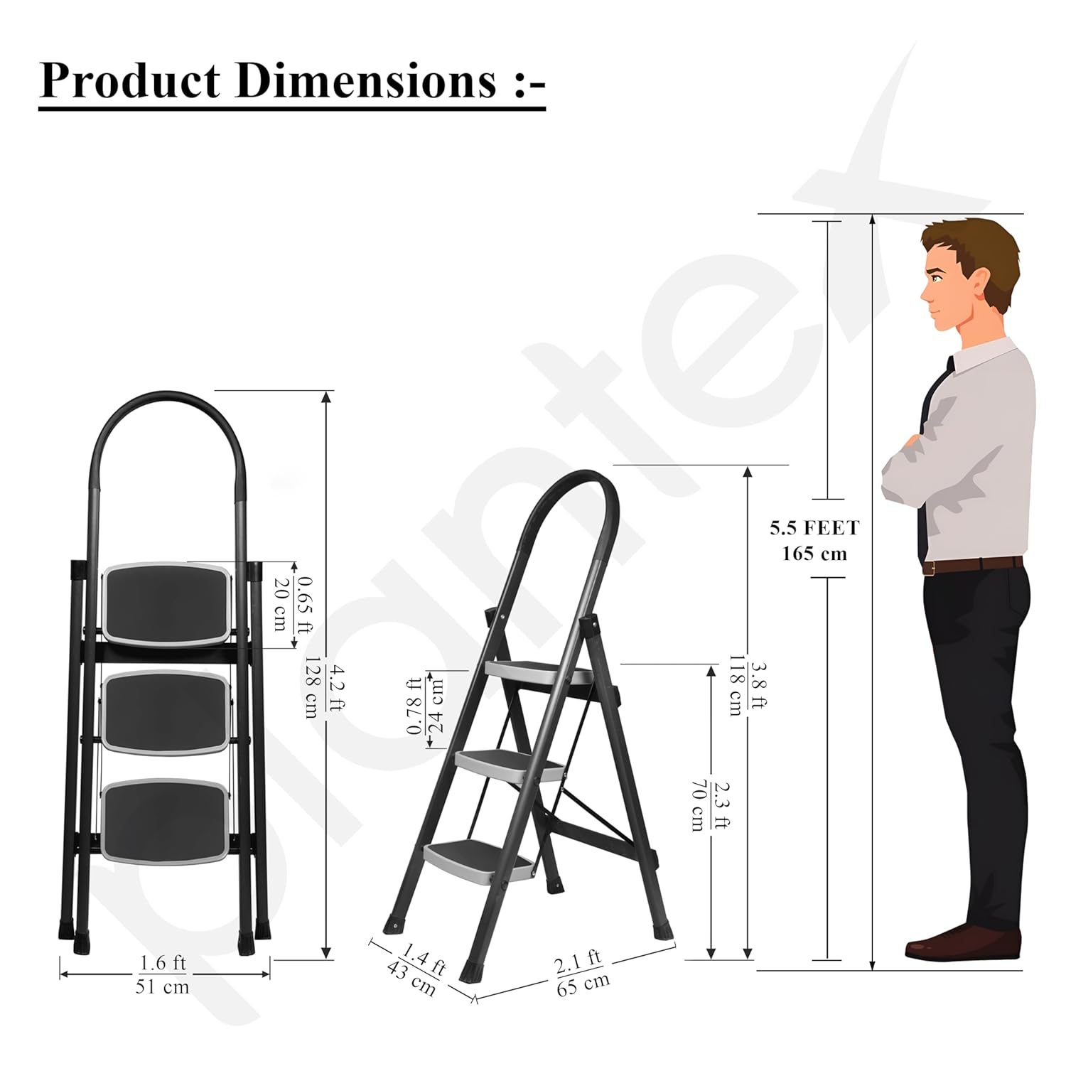 Red 3 Step Ladder for Home Use with Built-in Tool Tray | Heavy Duty D Shape Rods | Ultra Large Platform | Wide Rubber Feet