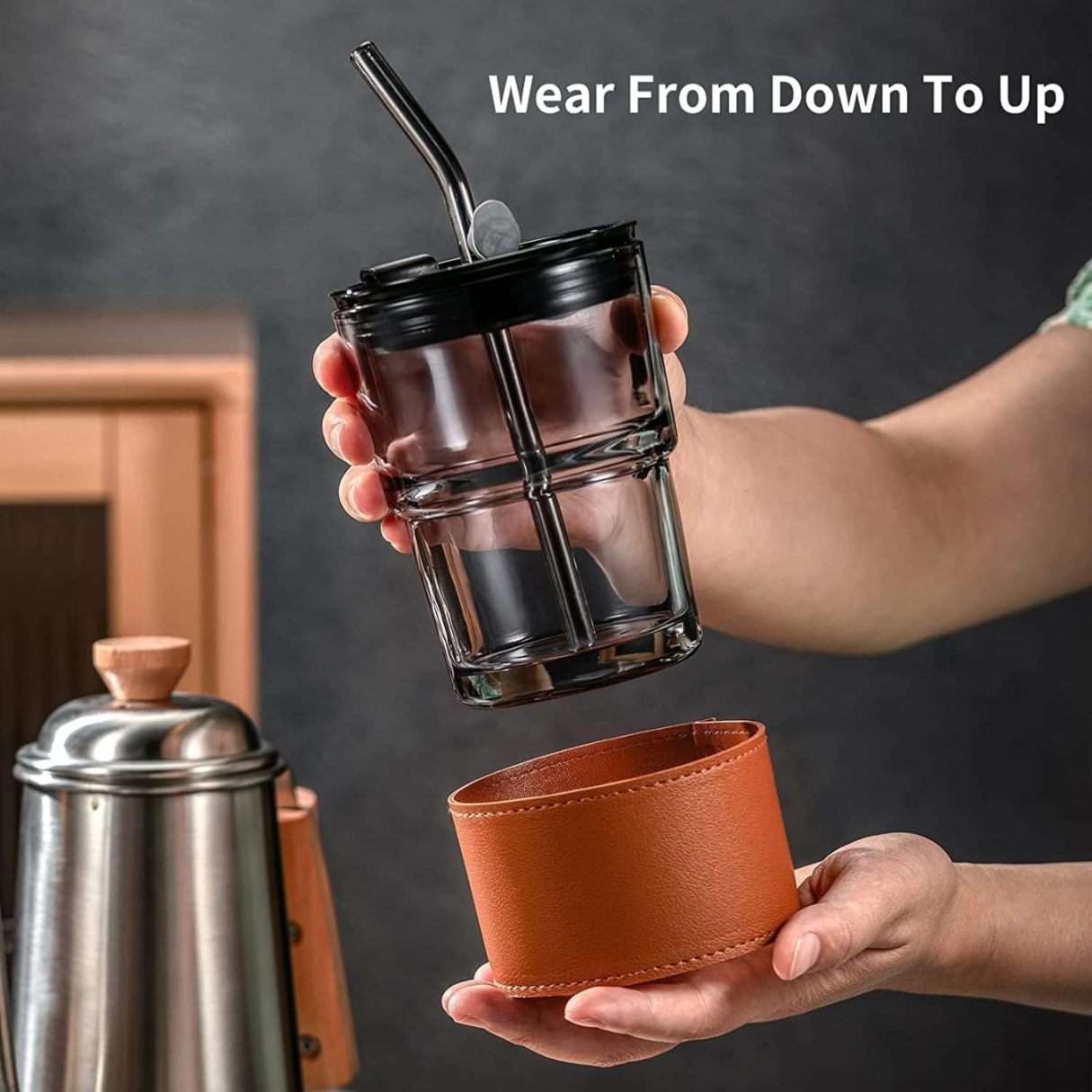 LEATHER MUG 400ML BLACK HEAVY LID SMALL