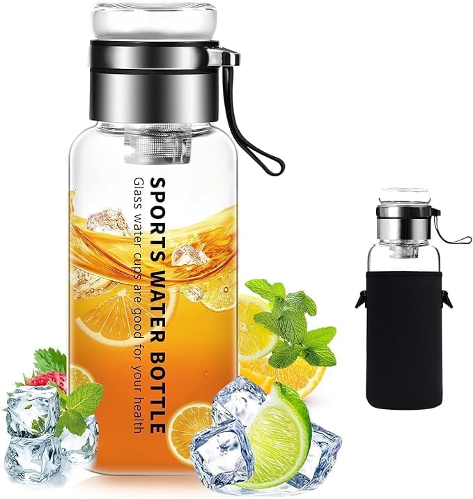 Borosilicate Glass Water Bottle with Stainless Tea Infuser - Cup-Function Lid,Neoprene Sleeve,Strap 1000ML MSB-108