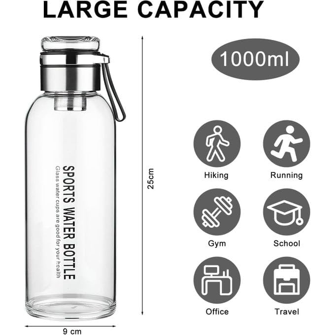 Borosilicate Glass Water Bottle with Stainless Tea Infuser - Cup-Function Lid,Neoprene Sleeve,Strap 1000ML MSB-108