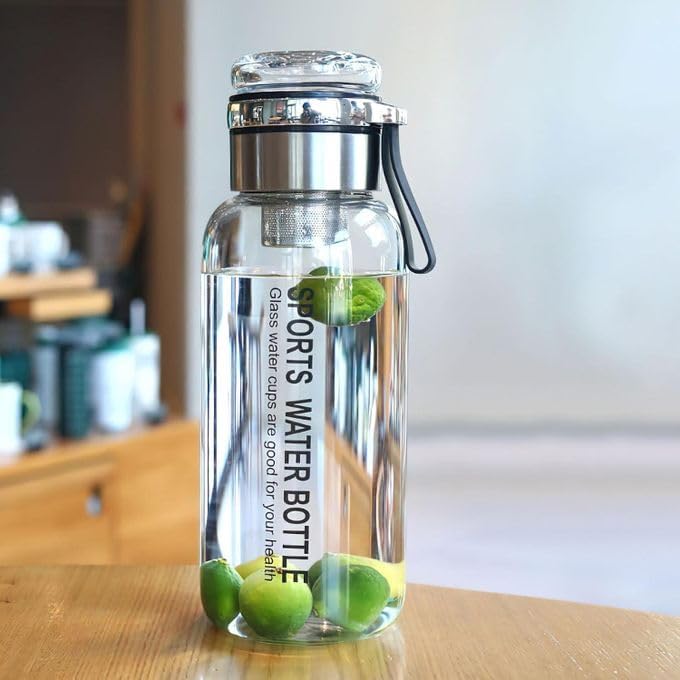 Borosilicate Glass Water Bottle with Stainless Tea Infuser - Cup-Function Lid,Neoprene Sleeve,Strap 1000ML MSB-108