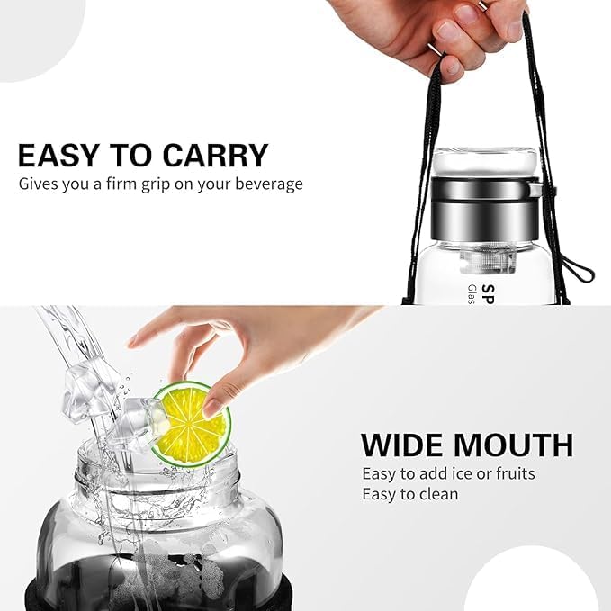 Borosilicate Glass Water Bottle with Stainless Tea Infuser - Cup-Function Lid,Neoprene Sleeve,Strap 1000ML MSB-108