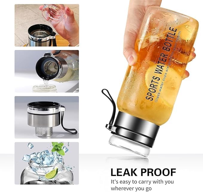 Borosilicate Glass Water Bottle with Stainless Tea Infuser - Cup-Function Lid,Neoprene Sleeve,Strap 1000ML MSB-108
