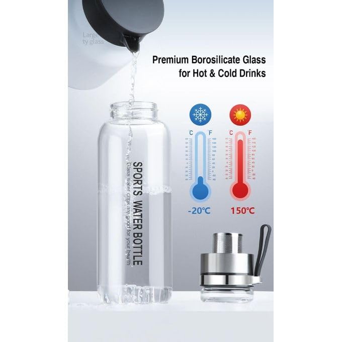 Borosilicate Glass Water Bottle with Stainless Tea Infuser - Cup-Function Lid,Neoprene Sleeve,Strap 1000ML MSB-108