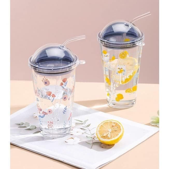 PRINTED SIPPER WITH STRAW & LID 450ML TRANSPARENT AY-1018-1-E-FLOWER