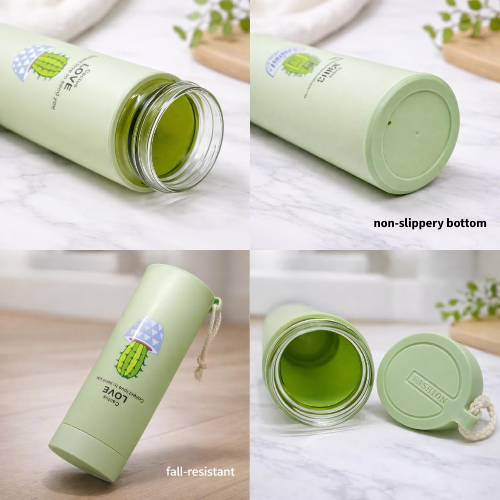 Glass Water Bottle 450ml with Cactus Design