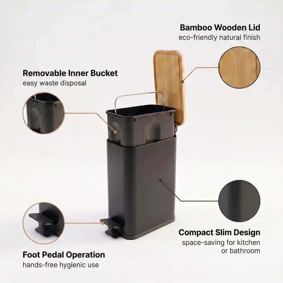 Stainless Steel & Matte Finish Slim Waste Basket with Soft-Step Foot Pedal DDSTSQR-88