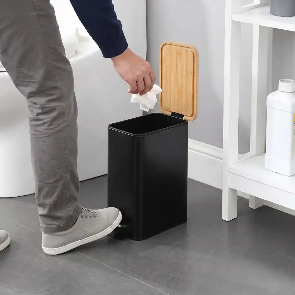 Stainless Steel & Matte Finish Slim Waste Basket with Soft-Step Foot Pedal DDSTSQR-88