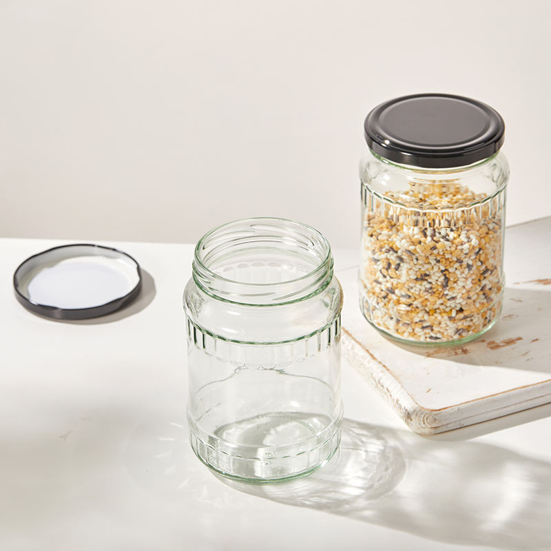 370ML FLUTED JAR BLACK ,GOLDEN, BLUE CHECK  LID 22963