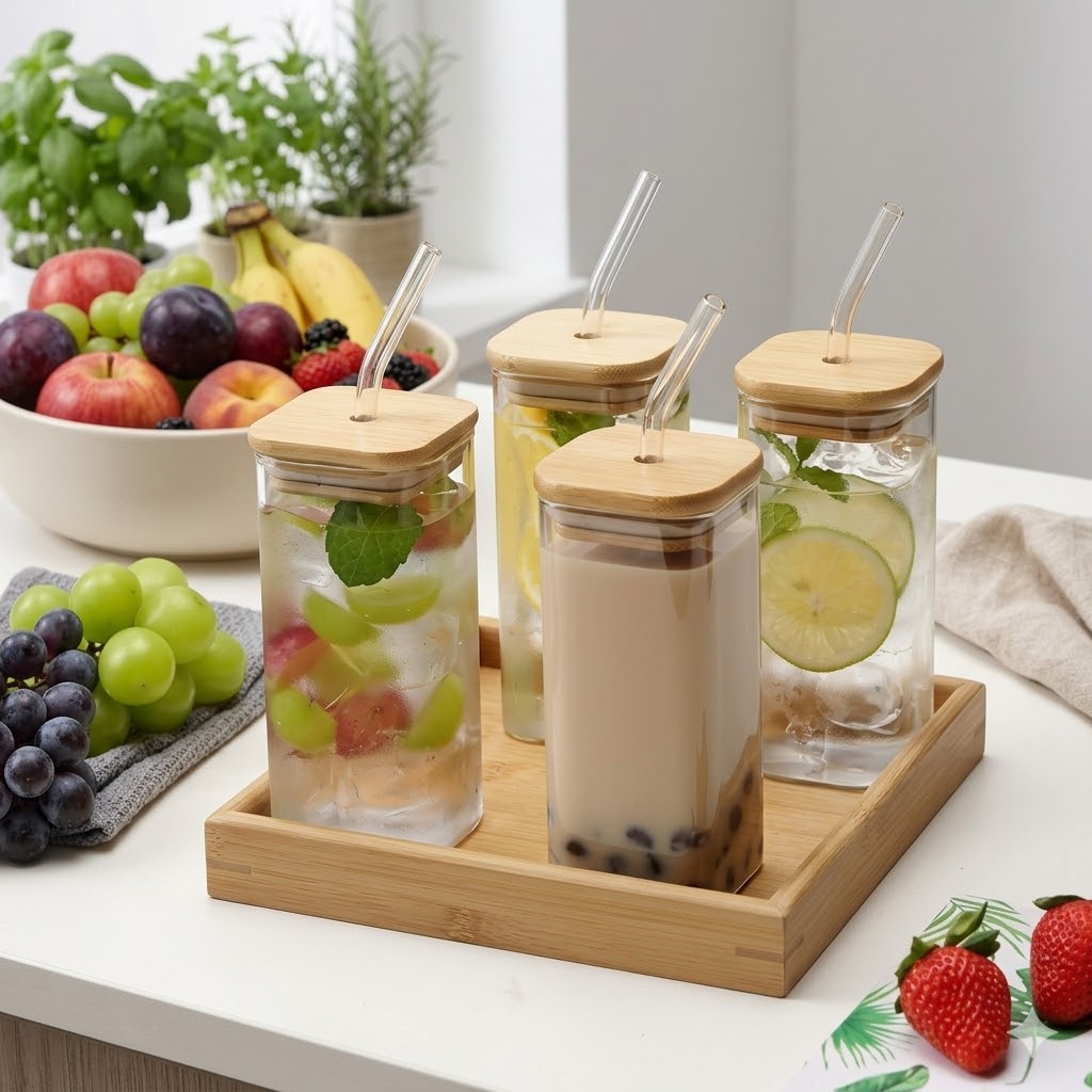 SQUARE MASON WOODEN LID & STRAW 410ML ECHOU 23165 | APB410-L1
