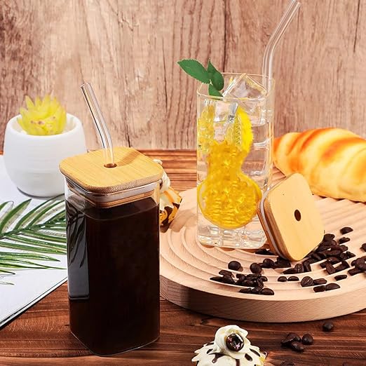 SQUARE MASON WOODEN LID & STRAW 410ML ECHOU 23165 | APB410-L1