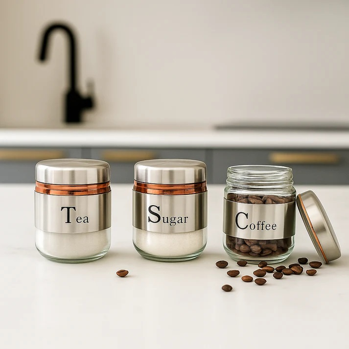 TEA COFFEE SUGER SS JAR 350ML 3 PCS SET   22876 | H4228-4-3-SS