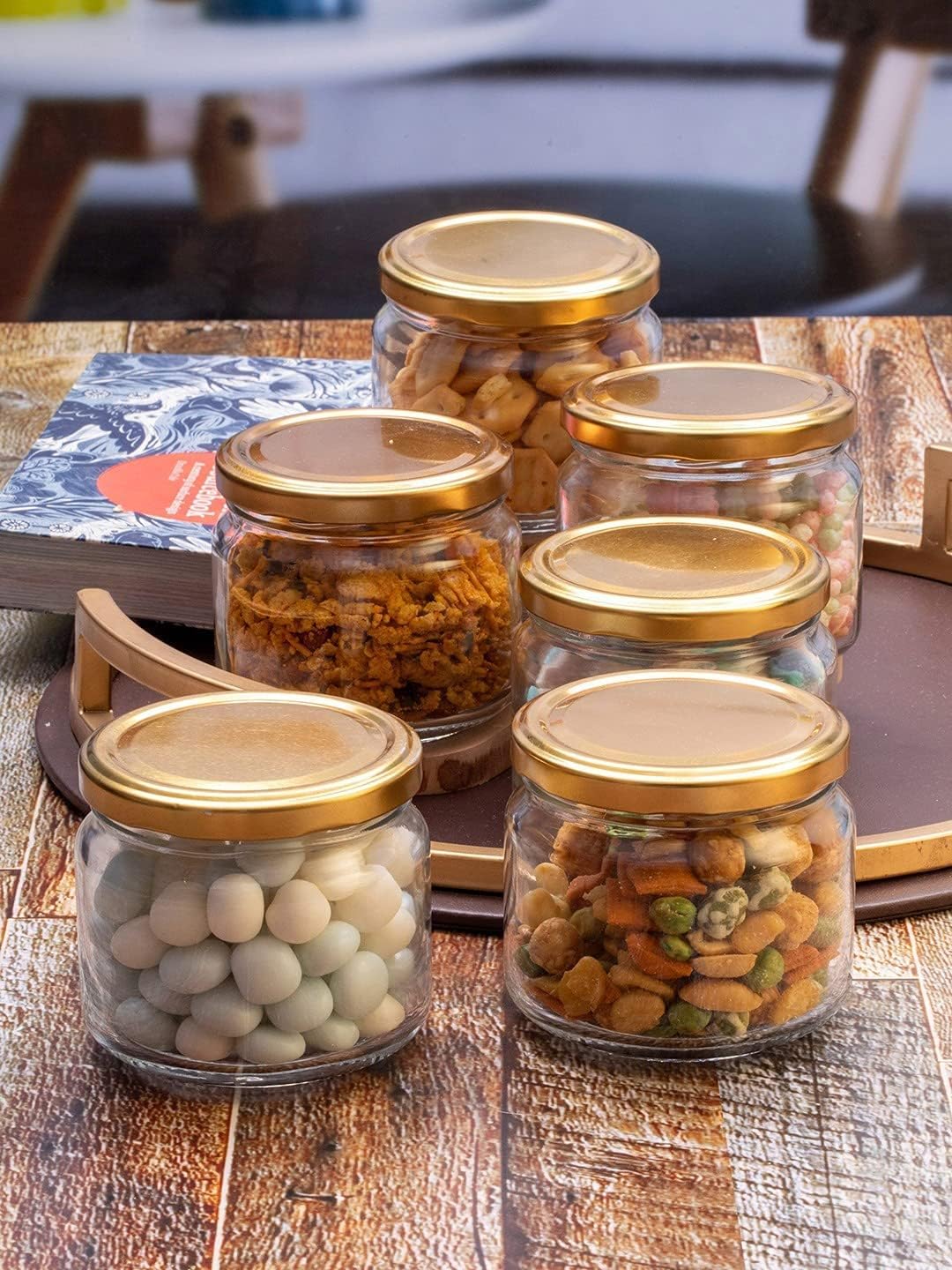 200ML SALSA JAR BLACK ,GOLDEN, BLUE CHECK  LID  22961