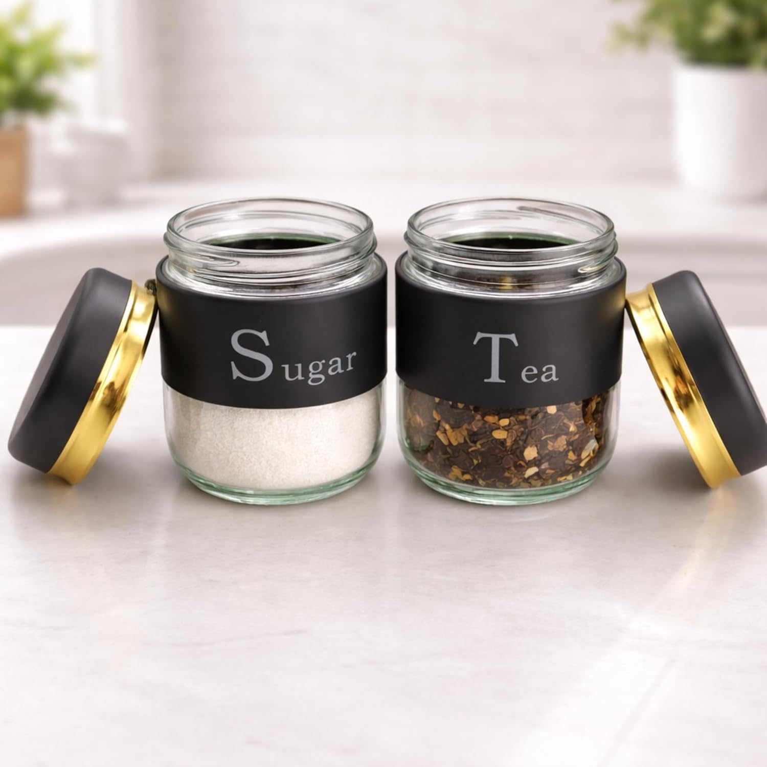 TEA SUGAR BLACK CANISTER JAR 350ML 2PCS SET 23145