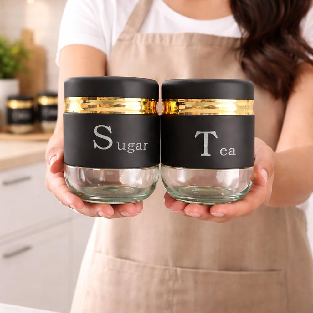 TEA SUGAR BLACK CANISTER JAR 350ML 2PCS SET 23145