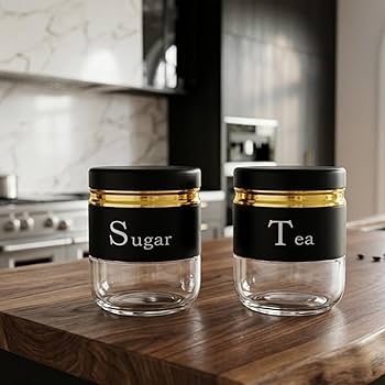 TEA SUGAR BLACK CANISTER JAR 350ML 2PCS SET 23145