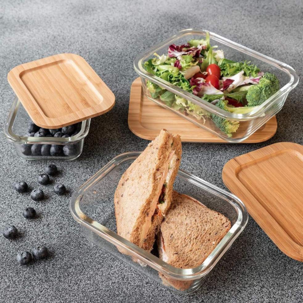 GLASS CONTAINER WITH WOODEN LID 3PCS LUNCH BOX  20862 | H2152-BAM