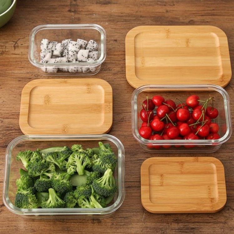 GLASS CONTAINER WITH WOODEN LID 3PCS LUNCH BOX  20862 | H2152-BAM