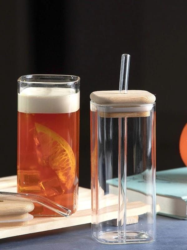 SQUARE MASON WOODEN LID & STRAW 350 ML