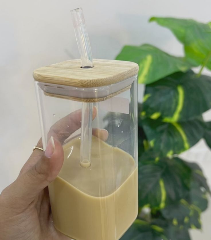 SQUARE MASON WOODEN LID & STRAW 350 ML