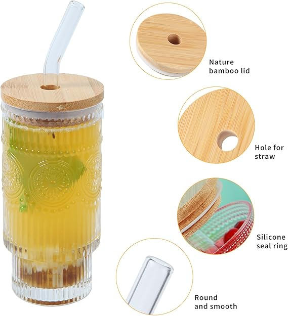 SIPPER GLASS FLORAL EMBOSE WOODEN LID 350ML 22483 | H6-061