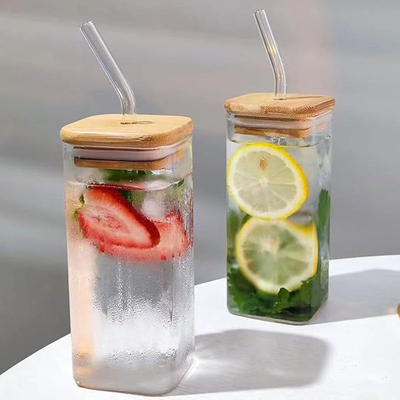 SQUARE MASON WOODEN LID & STRAW 410ML  22055 | APB410-L1