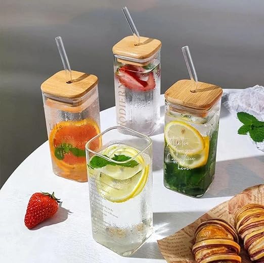 SQUARE MASON WOODEN LID & STRAW 410ML  22055 | APB410-L1